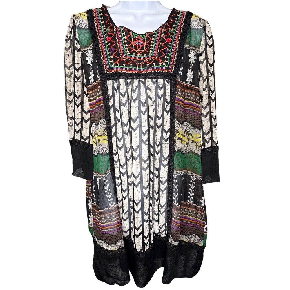 NESLAY Multicolor Geometric Embroidered Boho Tunic Top Sz L Art to Wear Festival